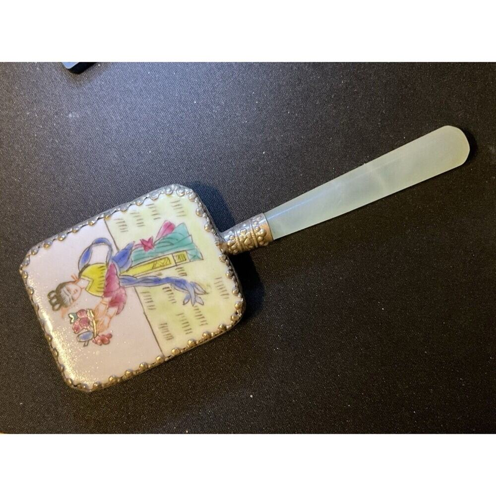 1920-50 Asia Vanity Mirror, Hand Painted Porcelain Jade Handle
